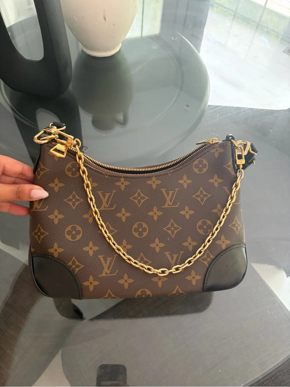 Louis Vuitton Boulogne Shoulder Bag with Black Trim and Gold Hardware